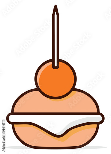 Cartoon snack food illustration of cherry on bread with a toothpick