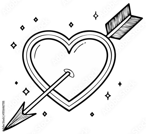 Stylized Heart Pierced by Arrow Symbolizing Love and Affection in a Black and White Hand Drawn Style