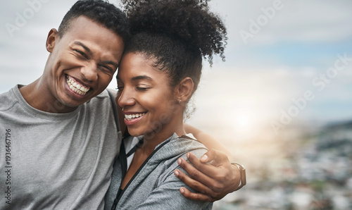 Photos Fitness, couple and hug in city with smile, completed exercise or bonding together on weekend break