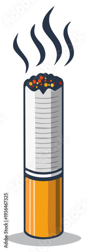 Burning cigarette with smoke illustration, tobacco unhealthy habit concept