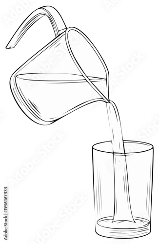 Black and white line drawing illustration of water pouring from a glass pitcher into a transparent drinking cup