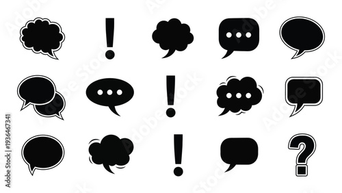 A collection of black speech bubbles and punctuation marks