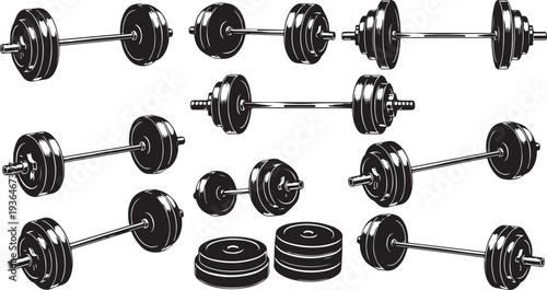 Set of black iron dumbbells weights arranged on gym floor fitness equipment strength training