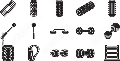 Set of black and white fitness equipment icons isolated on white background