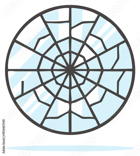 Circular broken glass illustration with radiating spiderweb cracks from impact