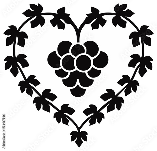 Elegant black silhouette of grape vine forming a heart shape with a bunch of grapes inside