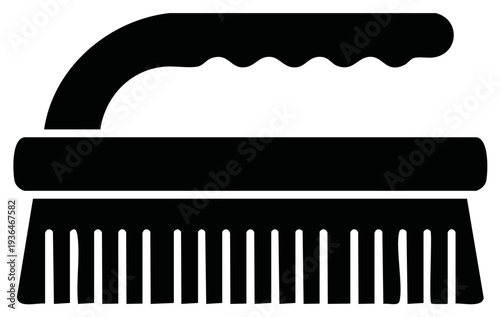 Black silhouette of a scrubbing brush with a curved handle and stiff bristles