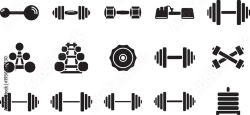 Black and white fitness equipment icons set isolated on white background vector illustration