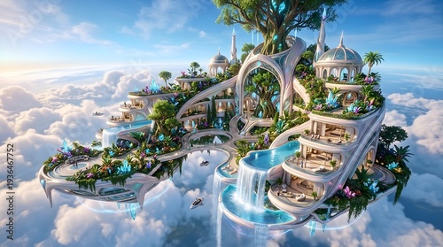 Fantasy Floating Luxury Private Island with Waterfall and Tree, Blue Sky Paradise