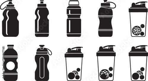 Set of black and white gym water bottles vector icons isolated on white background