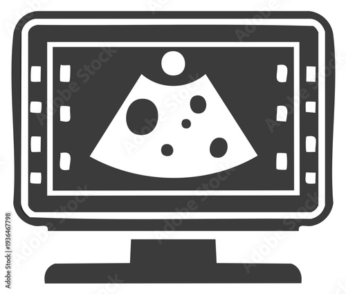 Conceptual icon of a medical ultrasound scan showing a slice of swiss cheese on a monitor screen