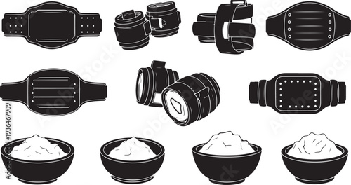 Set of black gym equipment and protein powder bowls isolated on white background