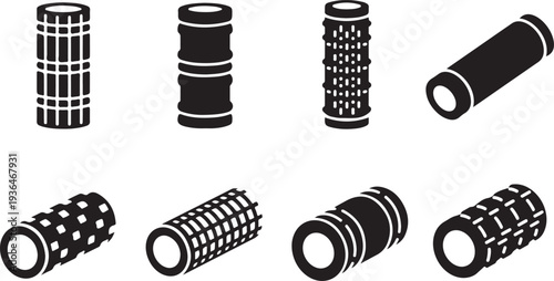 Set of black metal dumbbell weights icons isolated on white background for fitness and workout design