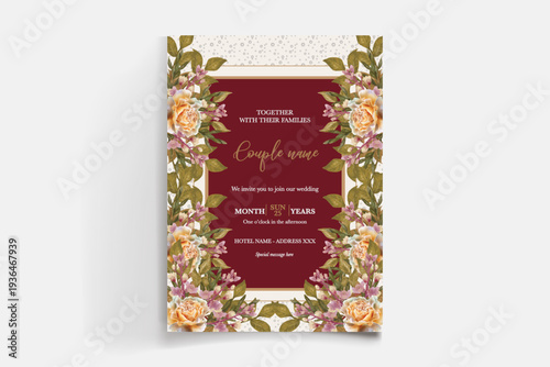 WEDDING INVITATION FRAME WITH FLOWER DECORATIONS AND FRESH LEAVES