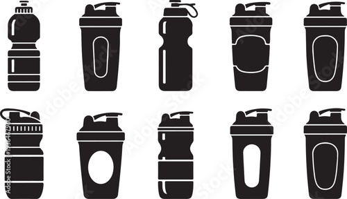 Set of black and white gym shaker bottles and protein containers isolated on white background