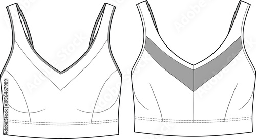 Technical fashion illustration of women’s sports bra, V‑neckline design, wide strap construction sketch, garment pattern drawing, couture apparel detail, activewear style