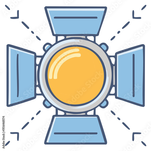 Stage spotlight illuminates with bright yellow light and blue barn doors for performance