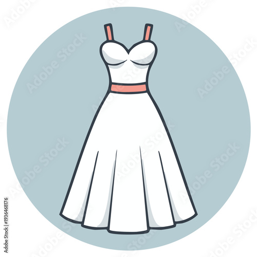 Elegant Cartoon Style White Wedding Dress with Straps and Pink Belt in Circle Frame