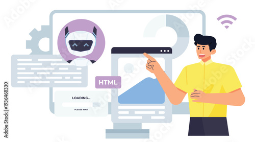 IT Developer Communicating with Artificial Intelligence Assistant While Managing Software Code, Programming Workflow, and Wireless Technology Infrastructure