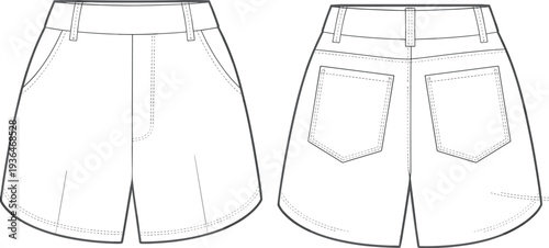 Women's Casual Shorts Technical Fashion Flat Sketch, Front and Back View, High Waist Pockets Belt Loops Summer Apparel Design Vector Illustration CAD