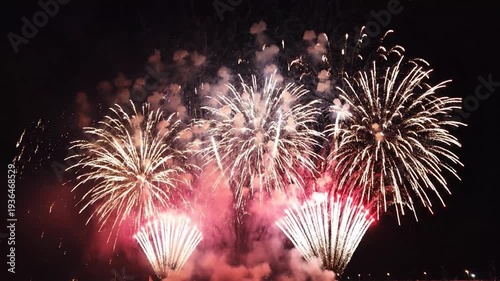 Vibrant fireworks explode in the dark night sky, creating a spectacular display