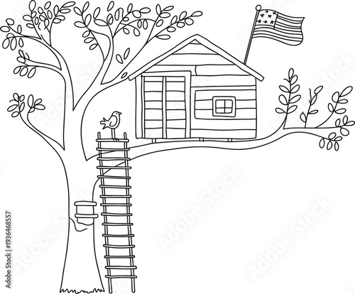 Whimsical treehouse illustration, black and white outdoor drawing, childhood adventure clipart, playful kids activity design for coloring and education