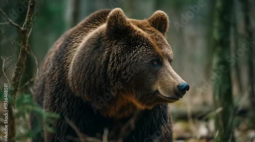 Majestic Brown Bear Observes its Natural Forest Habitat with Keen Awareness