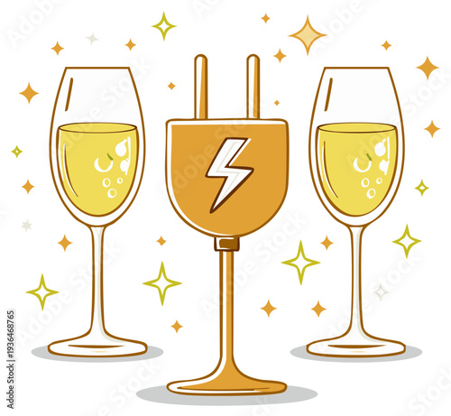 Champagne Glasses and Electrical Plug with Lightning Bolt Symbol Celebration Energy