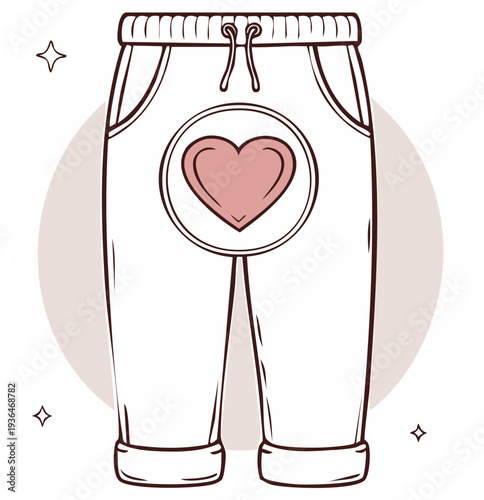 Drawstring Sweatpants with Heart Detail, Casual Bottoms, Cuffed Legs, Apparel Illustration