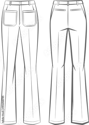 Women's Flared Pants Technical Fashion Flat Sketch, Front and Back View, Bell Bottom Trousers High Waist Pockets Activewear Design Vector Illustration CAD