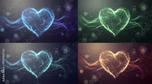 Abstract glowing heart made of sparkling particles on dark background symbolizing love energy romance aura