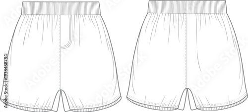 Women's Elastic Waist Lounge Shorts Fashion Illustration, Relaxed Fit Dolphin Hem Sleep Shorts with Pockets, Casual Pyjama Shorts Technical Sketch Line Art Vector