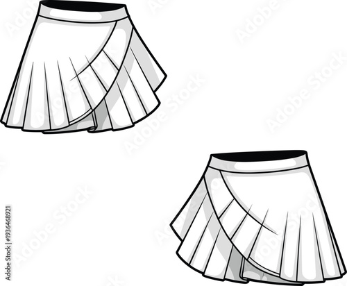 Wrap Pleated Mini Skirt Fashion Illustration, Tennis Style Overlap Flared Skort, Short Casual Athletic Skirt Technical Sketch Line Art Vector Template