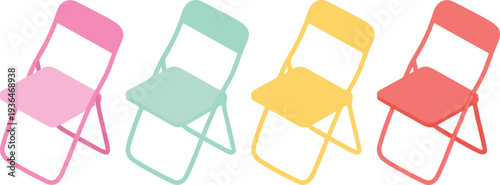 Colorful folding chairs in row, modern minimalist furniture illustration, transparent design concept, vibrant seating arrangement artwork, contemporary home decor inspiration