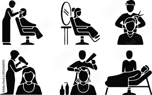 Beauty salon service icons, hairstyling grooming illustration, haircut blow dry artwork, facial massage silhouette design, modern spa decor inspiration