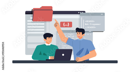 IT Developers Managing Digital Files, Source Code Structure, and Programming Workflow While Collaborating on Modern Software Application Development Project