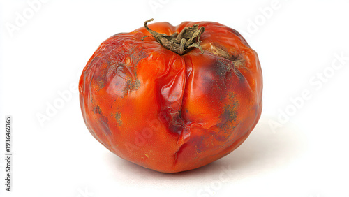 Severely rotten tomato isolated on a clean white background. Vivid illustration of advanced food spoilage and decay, representing waste and expired produce
