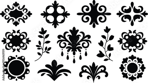 Elegant ornamental floral vector designs, baroque style decoration artwork, symmetrical black motifs illustration, decorative pattern elements, modern graphic design inspiration