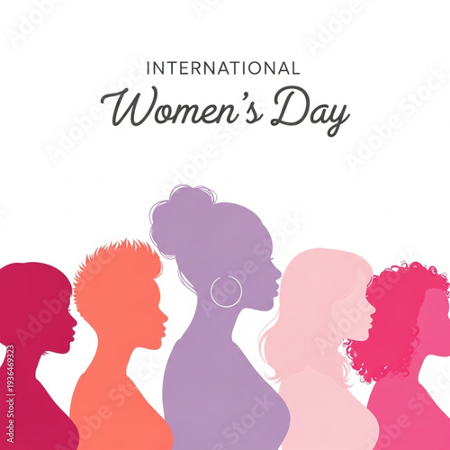 International Women's Day banner featuring diverse multiracial female silhouettes in profile. #GiveToGain International Women's Day 2026 vector illustration for gender equality and empowerment.