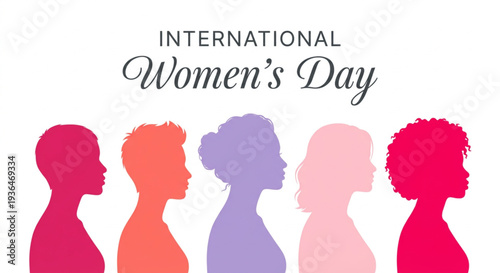 International Women's Day banner featuring diverse multiracial female silhouettes in profile. #GiveToGain International Women's Day 2026 vector illustration for gender equality and empowerment. 