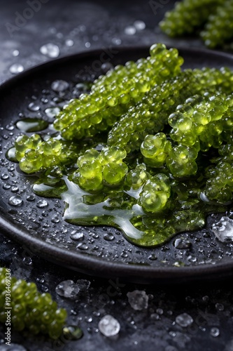 Surreal Hyper-Realistic Sea Grapes Macro with Glistening Dew Drops