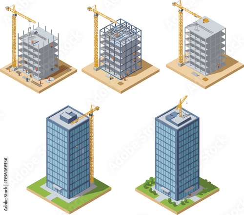 High rise building construction stages, modern architecture progress, crane lifting materials, workers assembling steel frame, concrete structure development, urban skyline growth