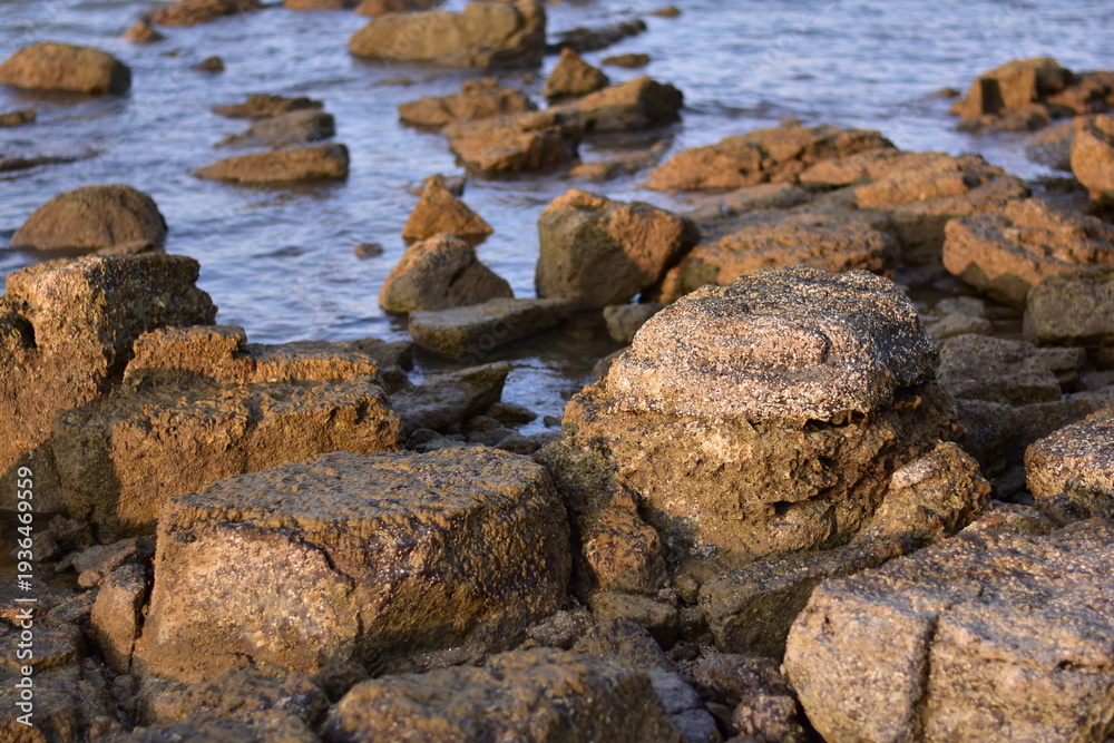 Fototapeta premium Layered black rough rocks, slate on the beach
