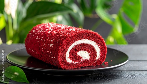 A red velvet cake roll with cream filling on a black plate
