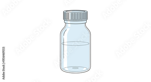 Small glass medicine vial or lab bottle partially filled with clear liquid and a white screw cap for healthcare and research.