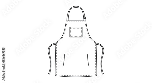 Line drawing of a simple bib apron with a front pocket and ties for cooking, baking, and craft activities in a home kitchen.