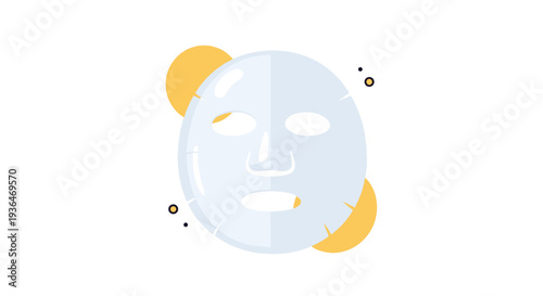 White sheet mask illustration for facial skin care and beauty treatment against an abstract background of colorful circles.