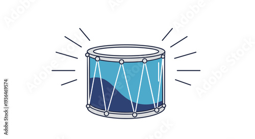Blue and navy drum with white tension lines and a stylized sound vibration icon for music, percussion, and entertainment.