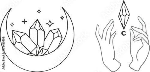 Mystical crescent moon with crystals, celestial hands holding gemstone, spiritual energy artwork, healing crystal design, modern mystical decor inspiration