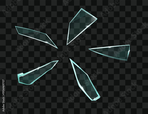 Pieces of broken glass. Sharp fragments of various shapes and sizes. Realistic vector isolated on transparent.